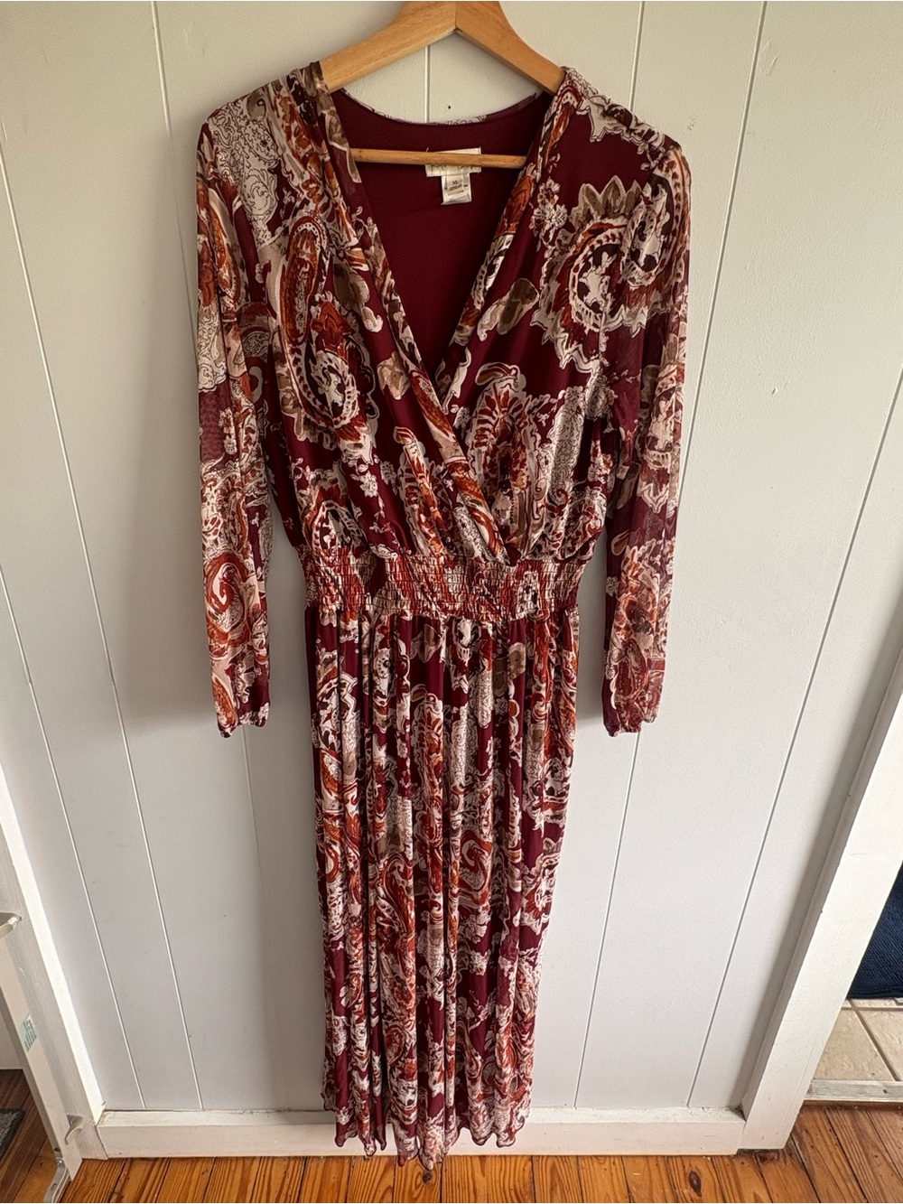 Women’s XL Kate & Lilly Paisley Wrap Long Sleeve Sheer Maxi Dress in Burgundy